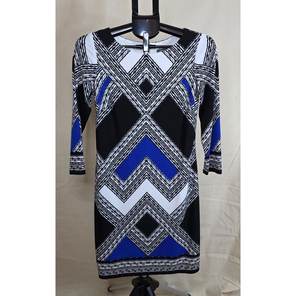 Vince Camuto Geometric Sheath Dress Size 4 Black White & Blue | Boat Neck Lined - Picture 2 of 13